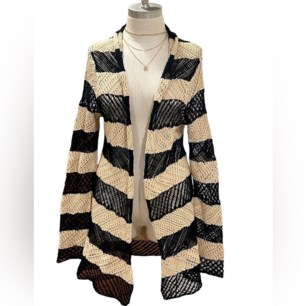 Ralph Lauren Women’s Tan Black Striped Open Weave Long Cardigan Sweater Size M